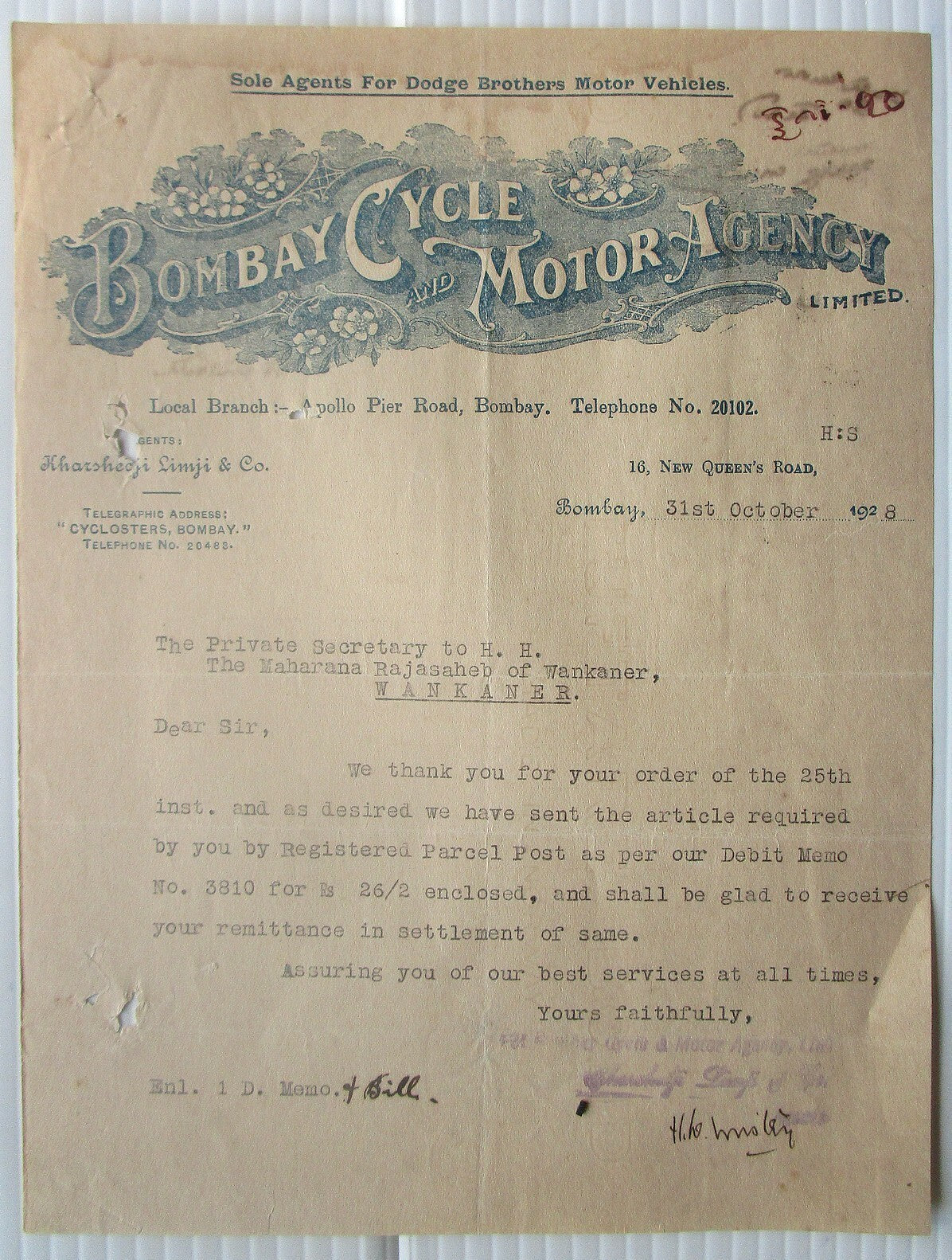 India 1928 illustrated billhead BOMBAY CYCLE & MOTOR AGENCY