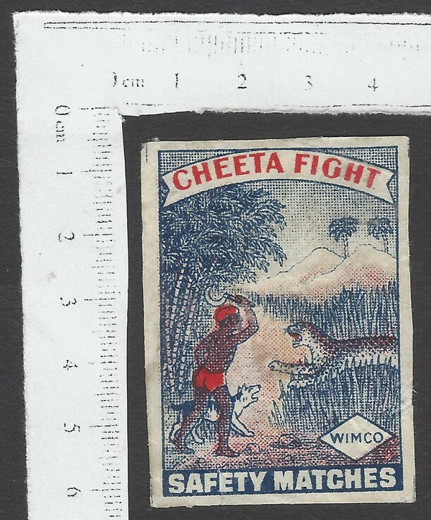 AOP India vintage matchbox label CHEETA FIGHT by WIMCO