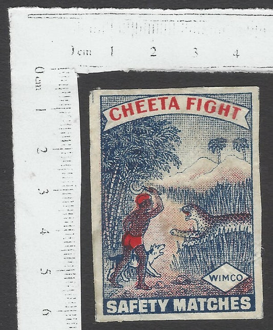 AOP India vintage matchbox label CHEETA FIGHT by WIMCO