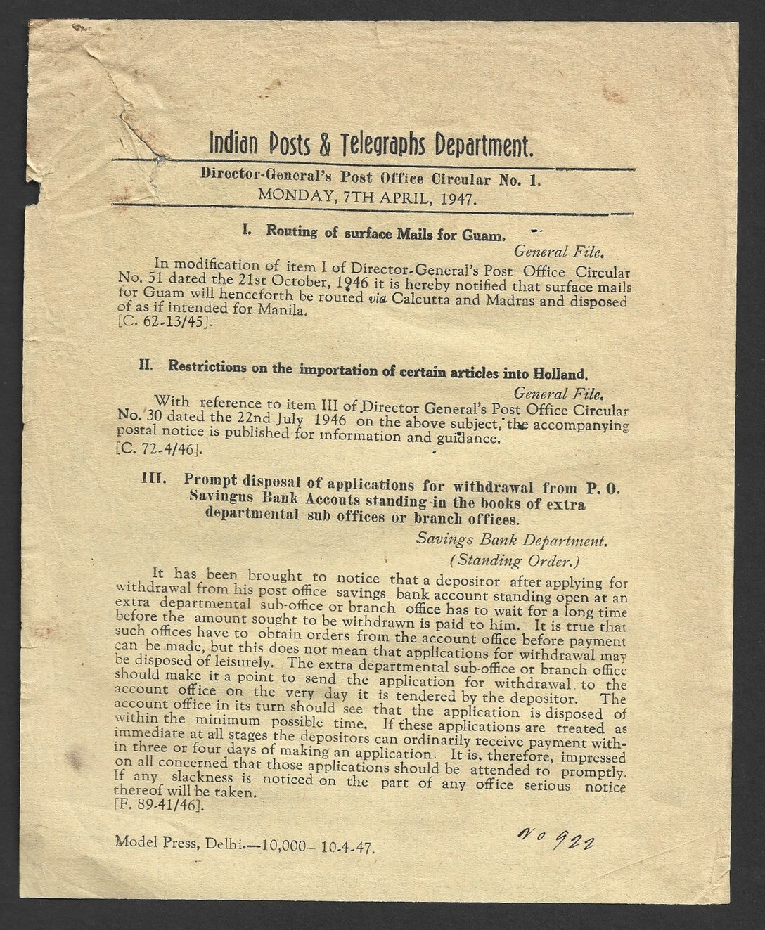 India POSTAL CIRCULAR No. 1 7th April 1947 Routing of Surface Mails for Guam etc