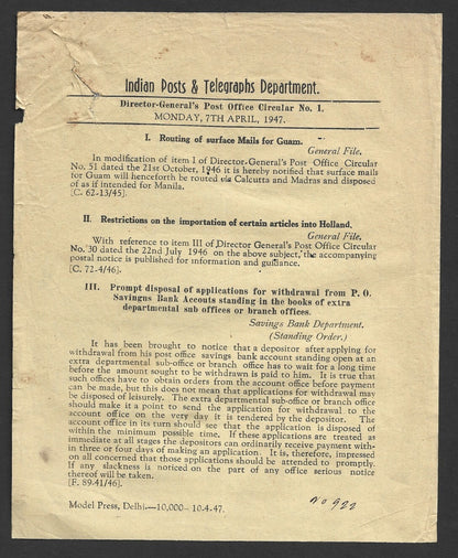 India POSTAL CIRCULAR No. 1 7th April 1947 Routing of Surface Mails for Guam etc