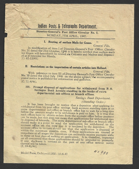 India POSTAL CIRCULAR No. 1 7th April 1947 Routing of Surface Mails for Guam etc