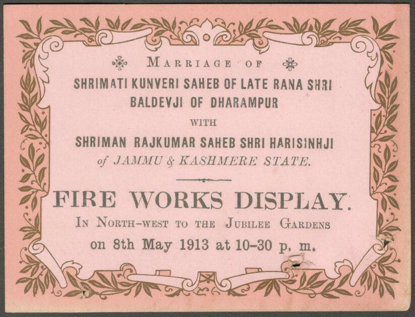 India 1913 marriage invitation Prince of JAMMU KASHMIR & Princess of DHARAMPUR