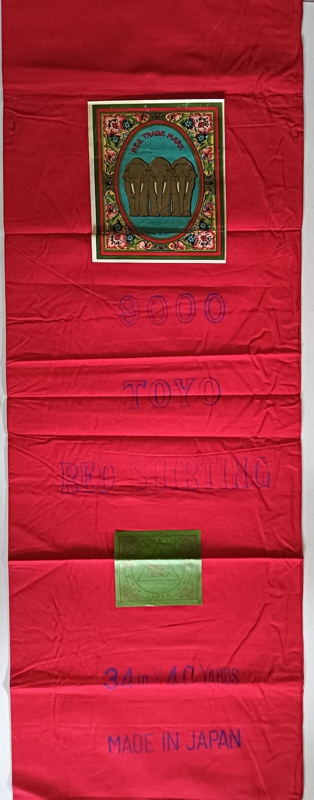 India vintage red shirting cloth sample 36" x 51" with brand labels 3 Elephants