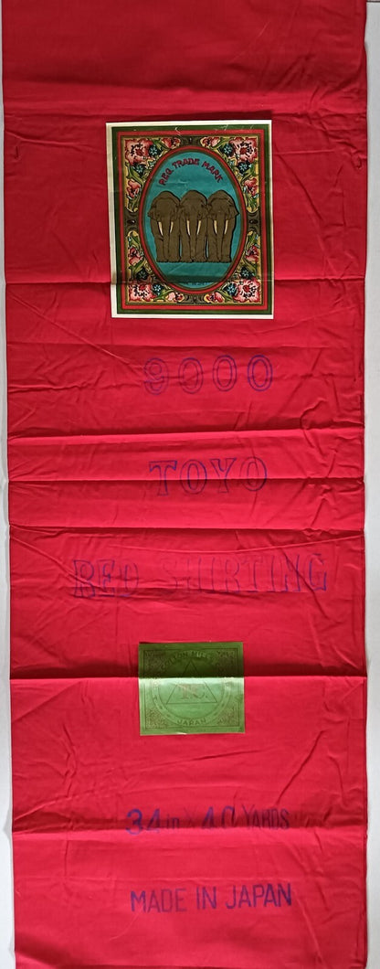 India vintage red shirting cloth sample 36" x 51" with brand labels 3 Elephants