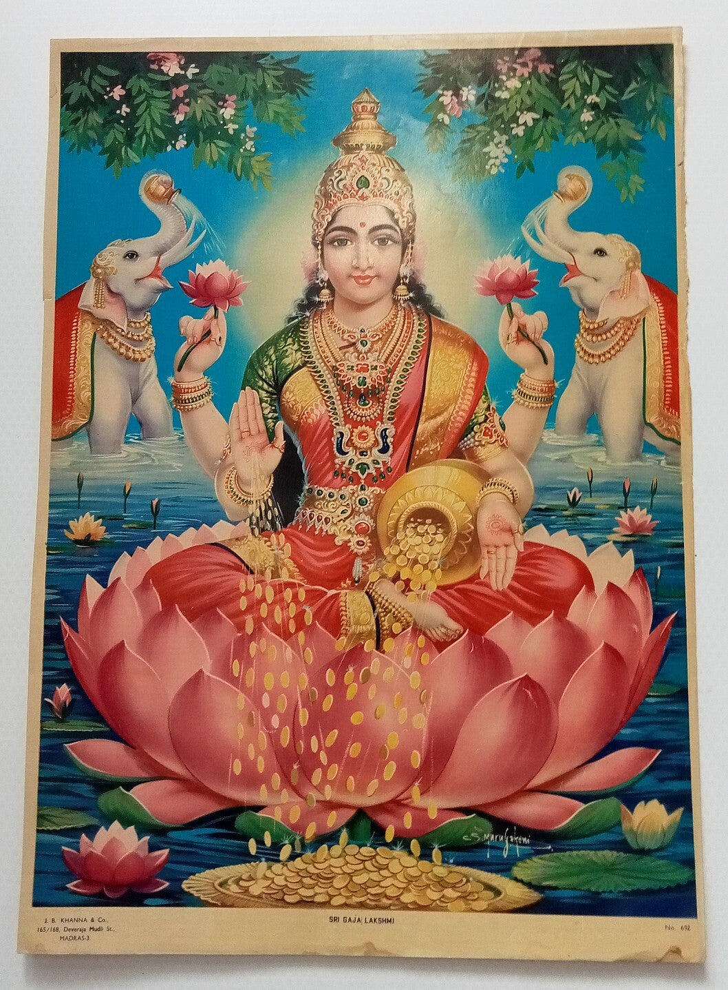 India vintage large poster SRI GAJA LAKSHMI 14"x20" inches by J B Khanna R