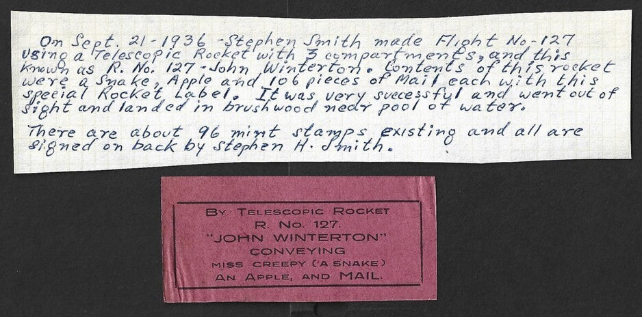 India 1936 FLOOD ROCKET JOHN WINTERTON signed label EZ 1A1. 96 issued