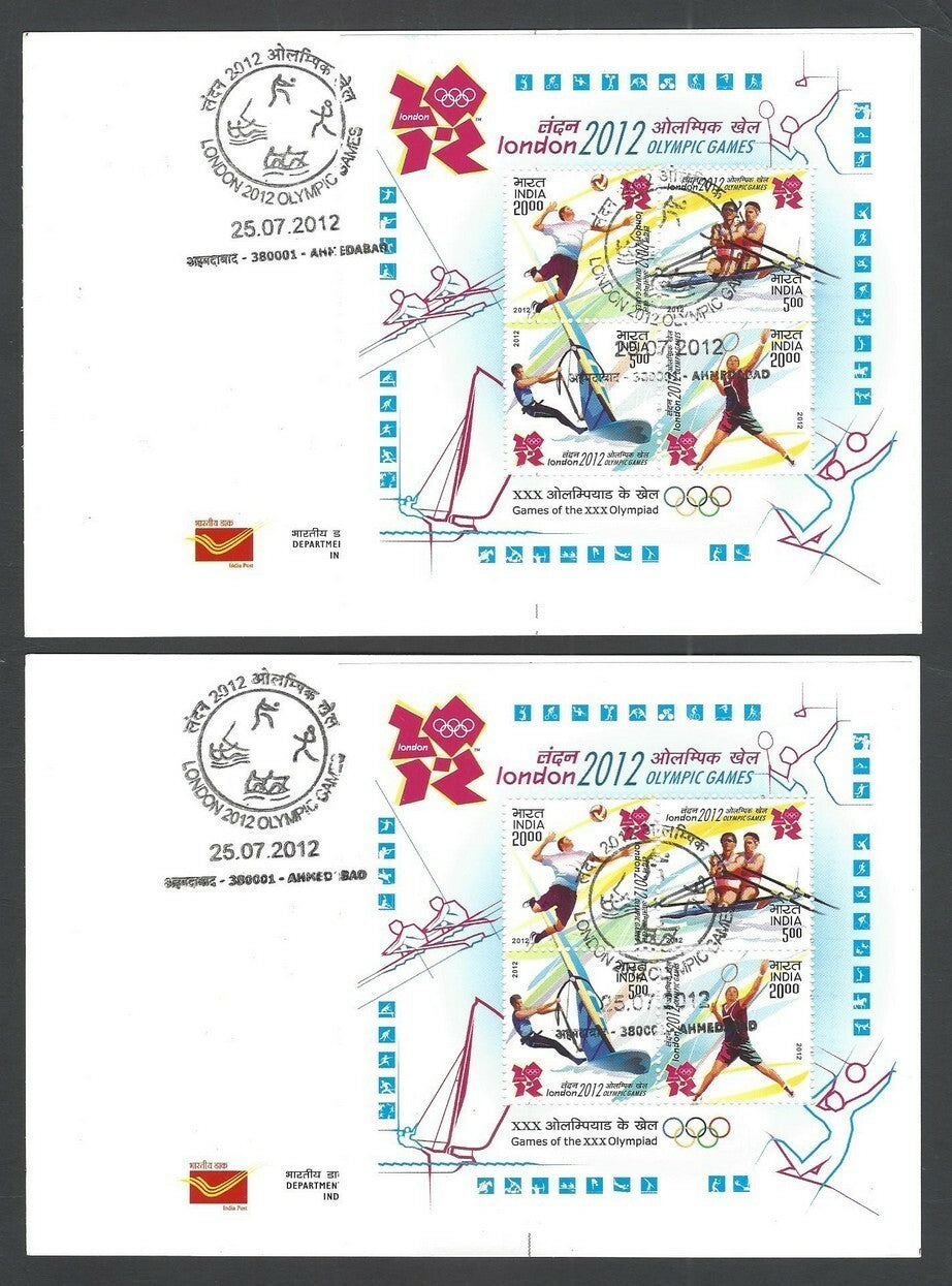 India 2012 Olympics set of 4 postcards with MS miniature sheets used First Day
