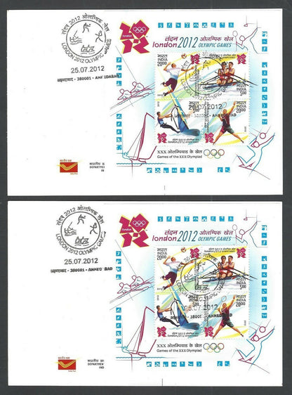 India 2012 Olympics set of 4 postcards with MS miniature sheets used First Day