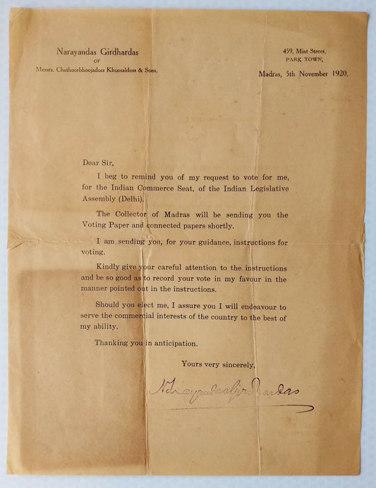 India INDIAN LEGISLATIVE ASSEMBLY 1920 Election Candidate Statement leaflet