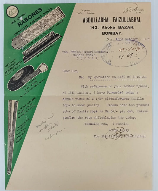 AOP Rabones Boxwood Folding Rules Bombay 1931 illustrated letterhead India