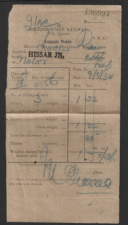 India 1934 WESTERN RAILWAY freight receipt