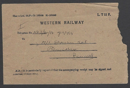 India Western Railway 1952 telegram & envelope