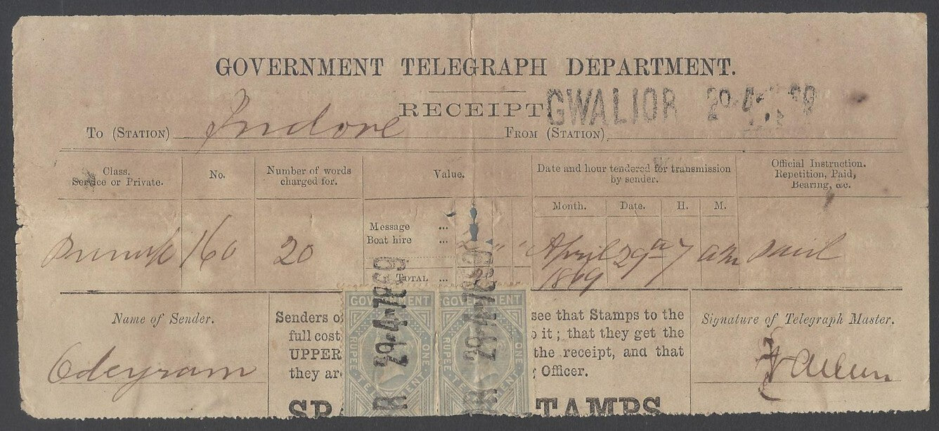AOP India QV 1869 1R Die 1 pair used on telegraph receipt GWALIOR 29-4-1869