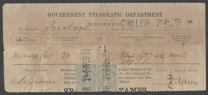 AOP India QV 1869 1R Die 1 pair used on telegraph receipt GWALIOR 29-4-1869