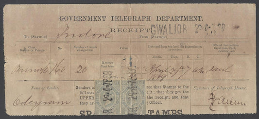 AOP India QV 1869 1R Die 1 pair used on telegraph receipt GWALIOR 29-4-1869