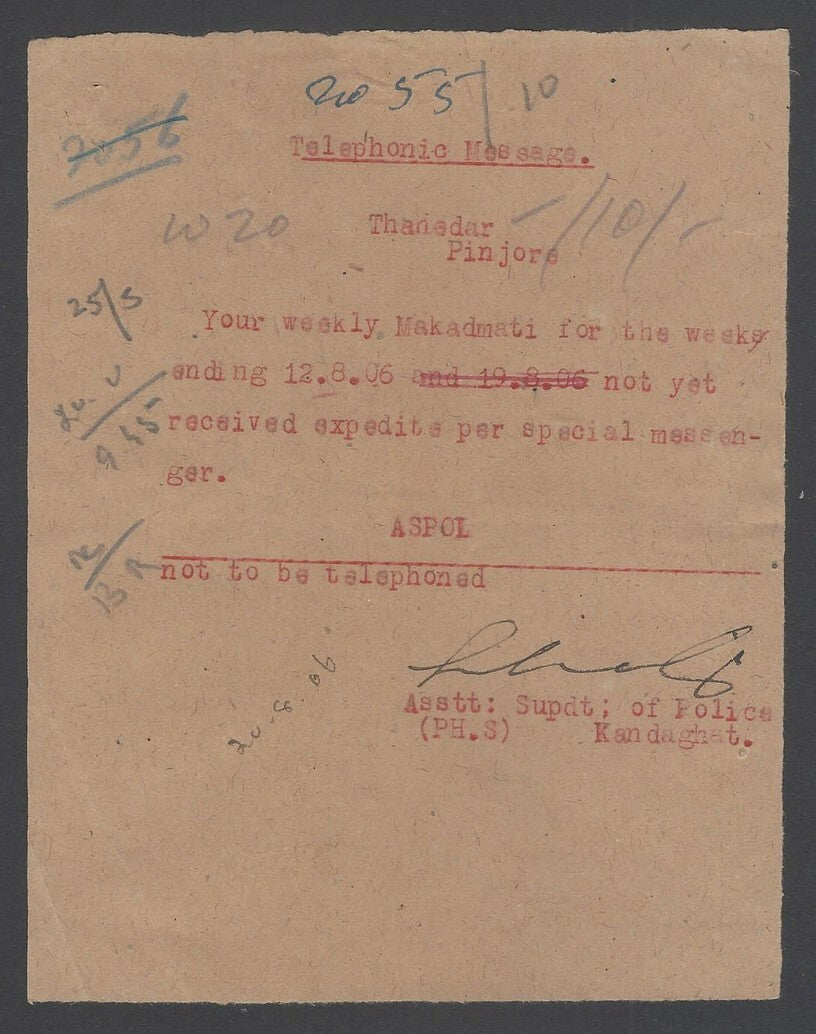 India Patala State KGVI TELEPHONE STAMPS on telephonic telegraph message