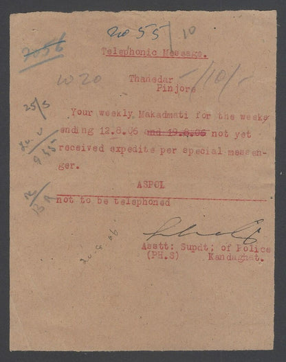 India Patala State KGVI TELEPHONE STAMPS on telephonic telegraph message