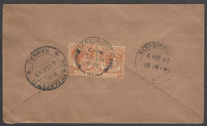 AOP Malaya & India WW2 World War 2 censor hs on 1940 cover to India