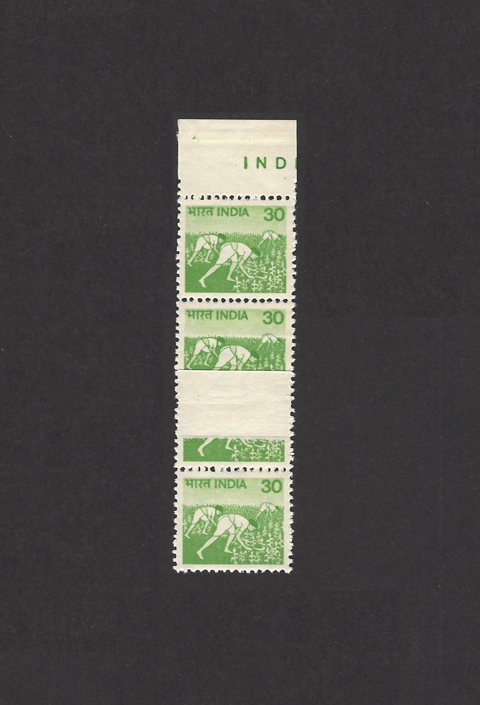 India 1979 Agriculture Rice Picking 13mm pre-printing paper fold MNH