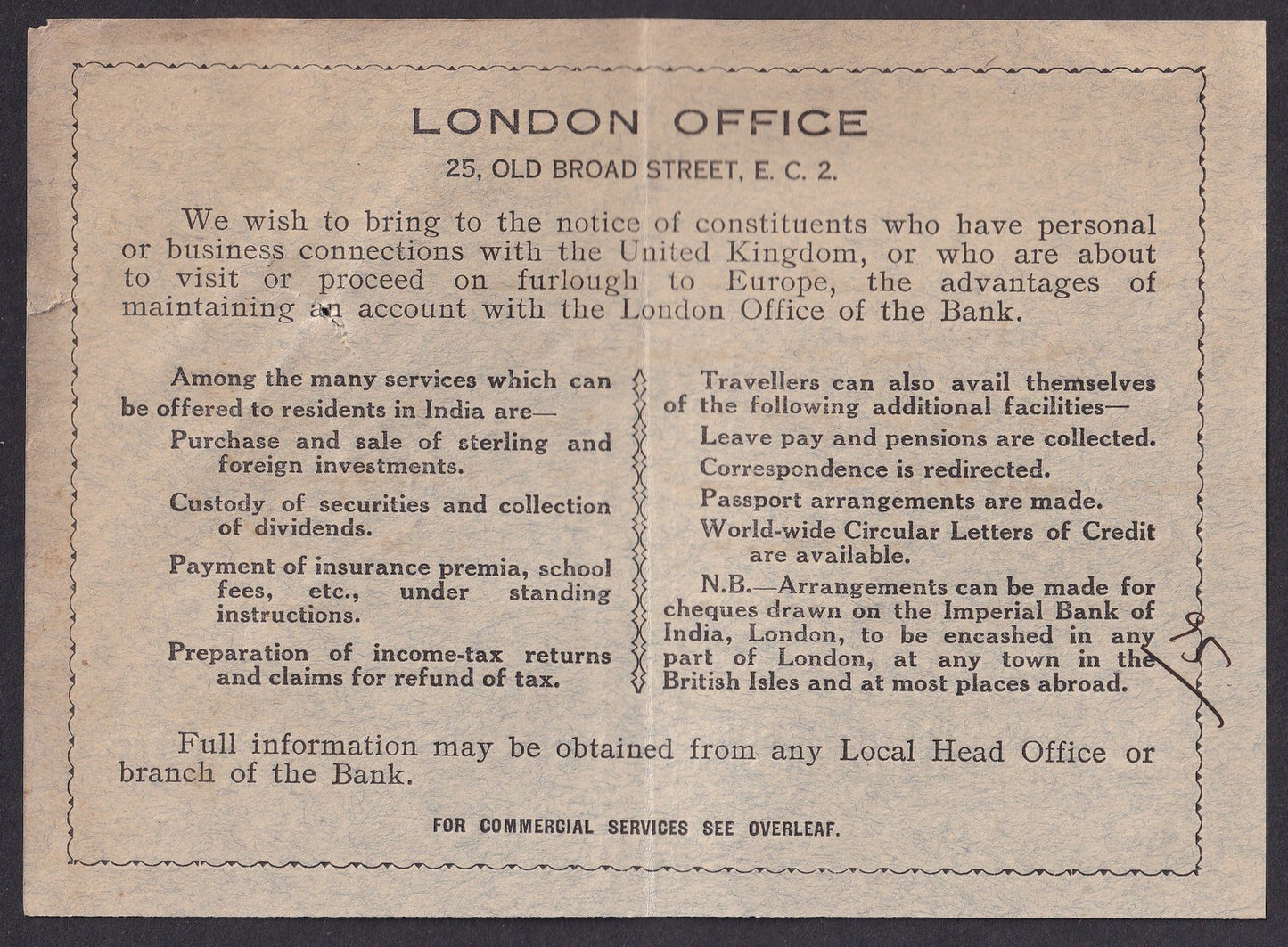 IMPERIAL BANK OF INDIA London Office advertisement card