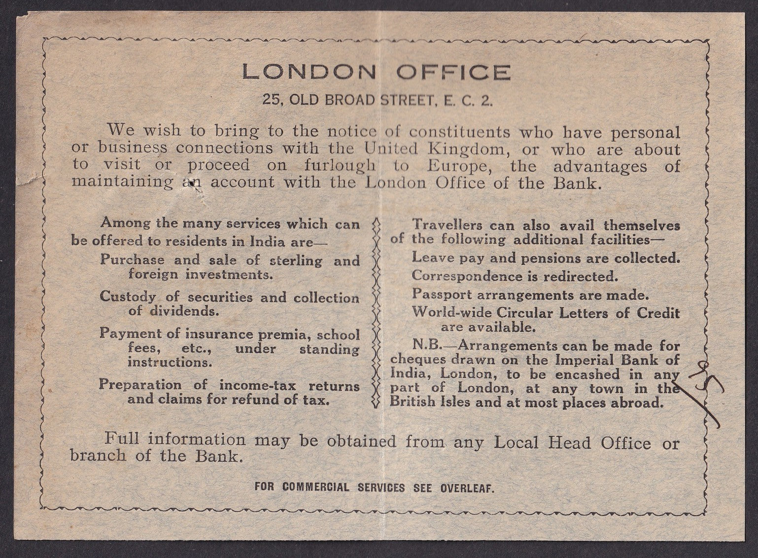 IMPERIAL BANK OF INDIA London Office advertisement card
