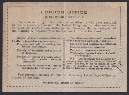 IMPERIAL BANK OF INDIA London Office advertisement card