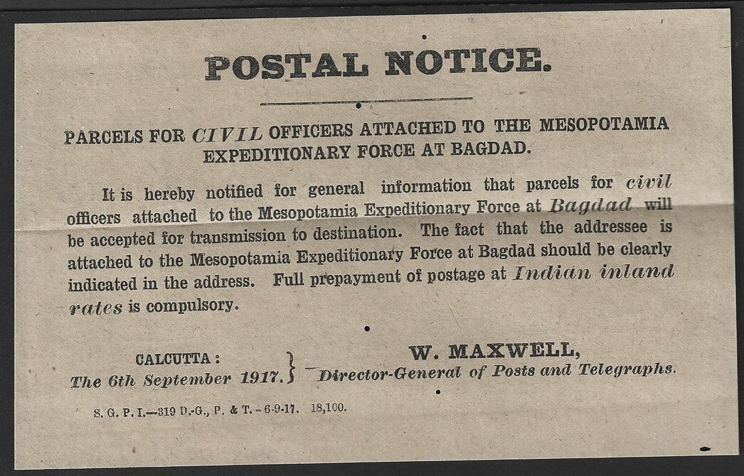 India POSTAL CIRCULAR 1917 Parcels for Mesopotamia Expeditionary Force