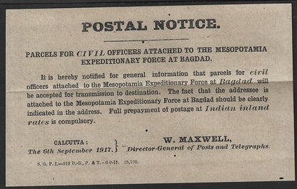 India POSTAL CIRCULAR 1917 Parcels for Mesopotamia Expeditionary Force