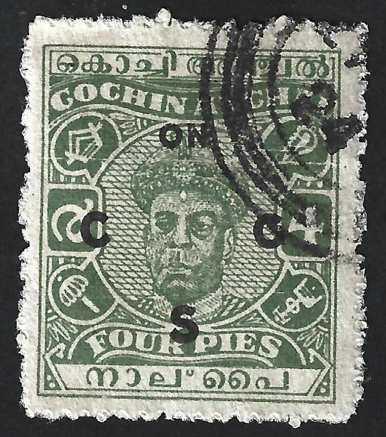 India Cochin State 1946-48 Official 4p grey green used. SG O85 £8