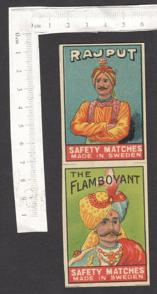 India 1930s-40s uncut pair 2 different matchbox labels RAJPUR + THE FLAMBOYANT