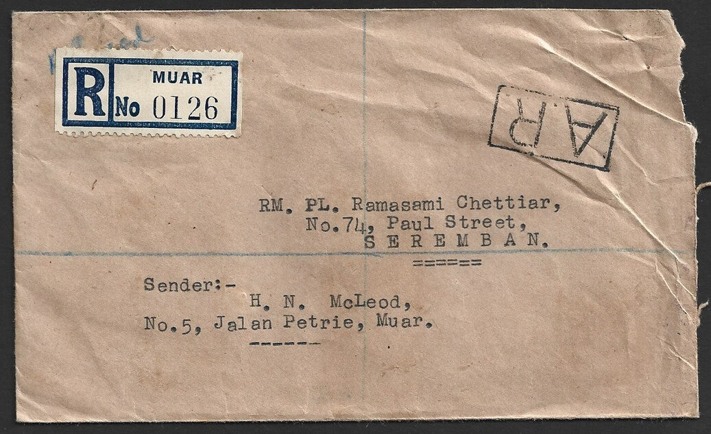 Malaya Johore 1958 registered AR cover to India with Muar boxed AR. Proud AR4