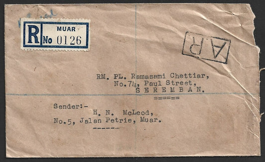 Malaya Johore 1958 registered AR cover to India with Muar boxed AR. Proud AR4