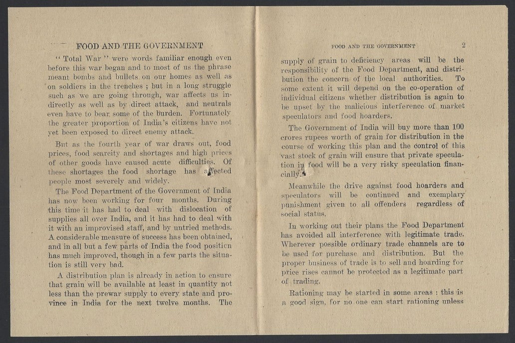 India 1943 WW2 National War Front Propaganda Pamphlet Food And The Government