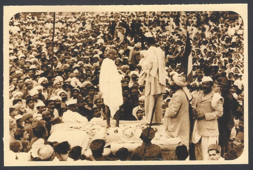AOP India full back pictorial 50p Gandhi postal card GANDHI at a public meeting 