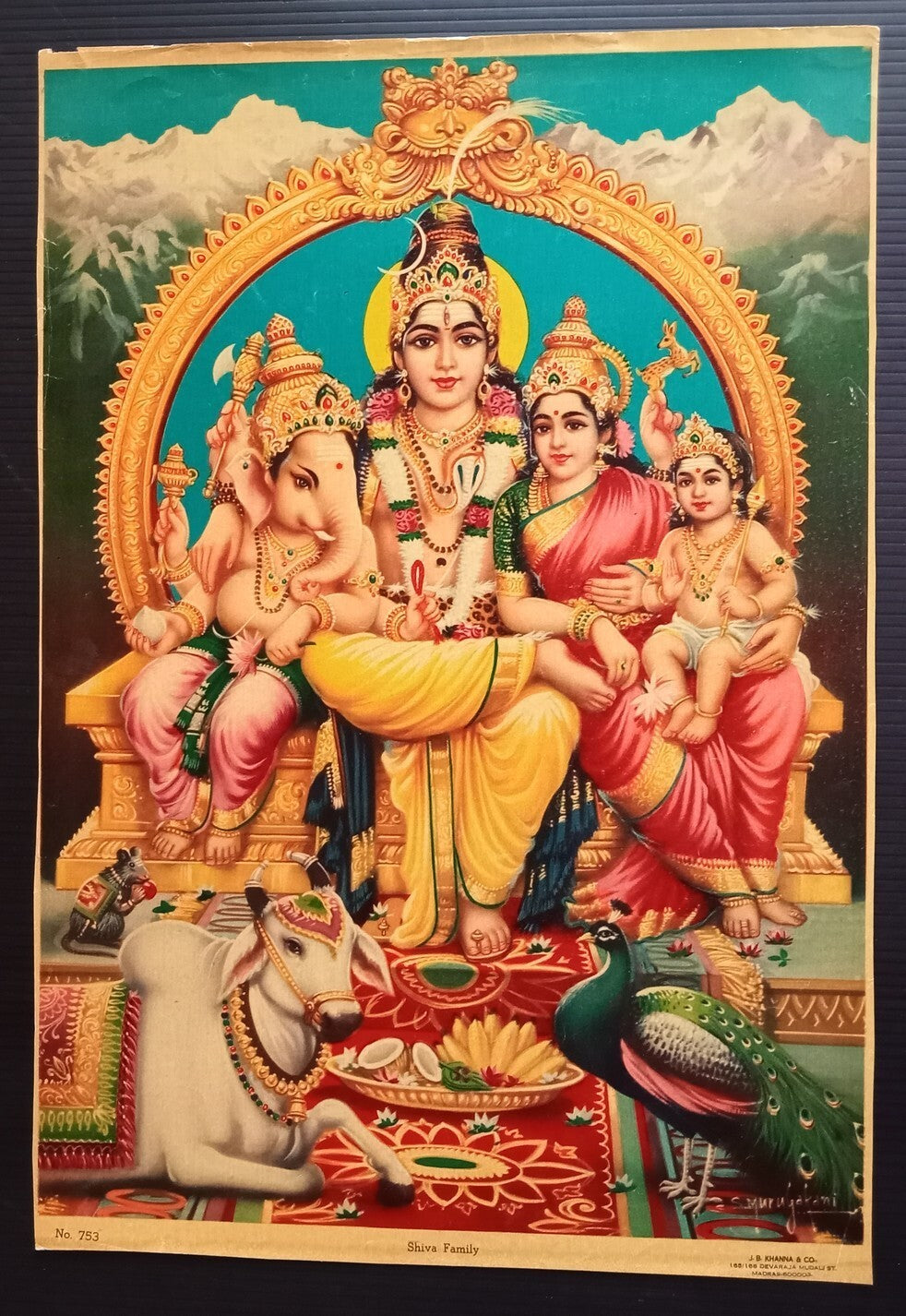 India vintage Hindu Gods poster Shiva & Family 9.5"x13.5" inches by J B Khanna