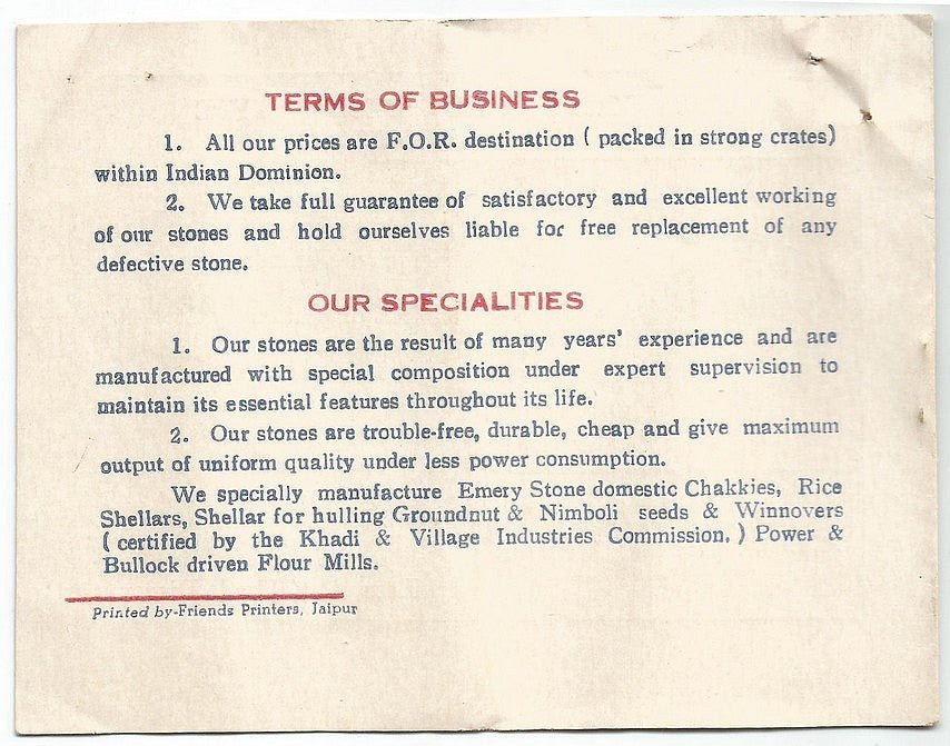 India 1958 illustrated price list of Emery Grinding stones