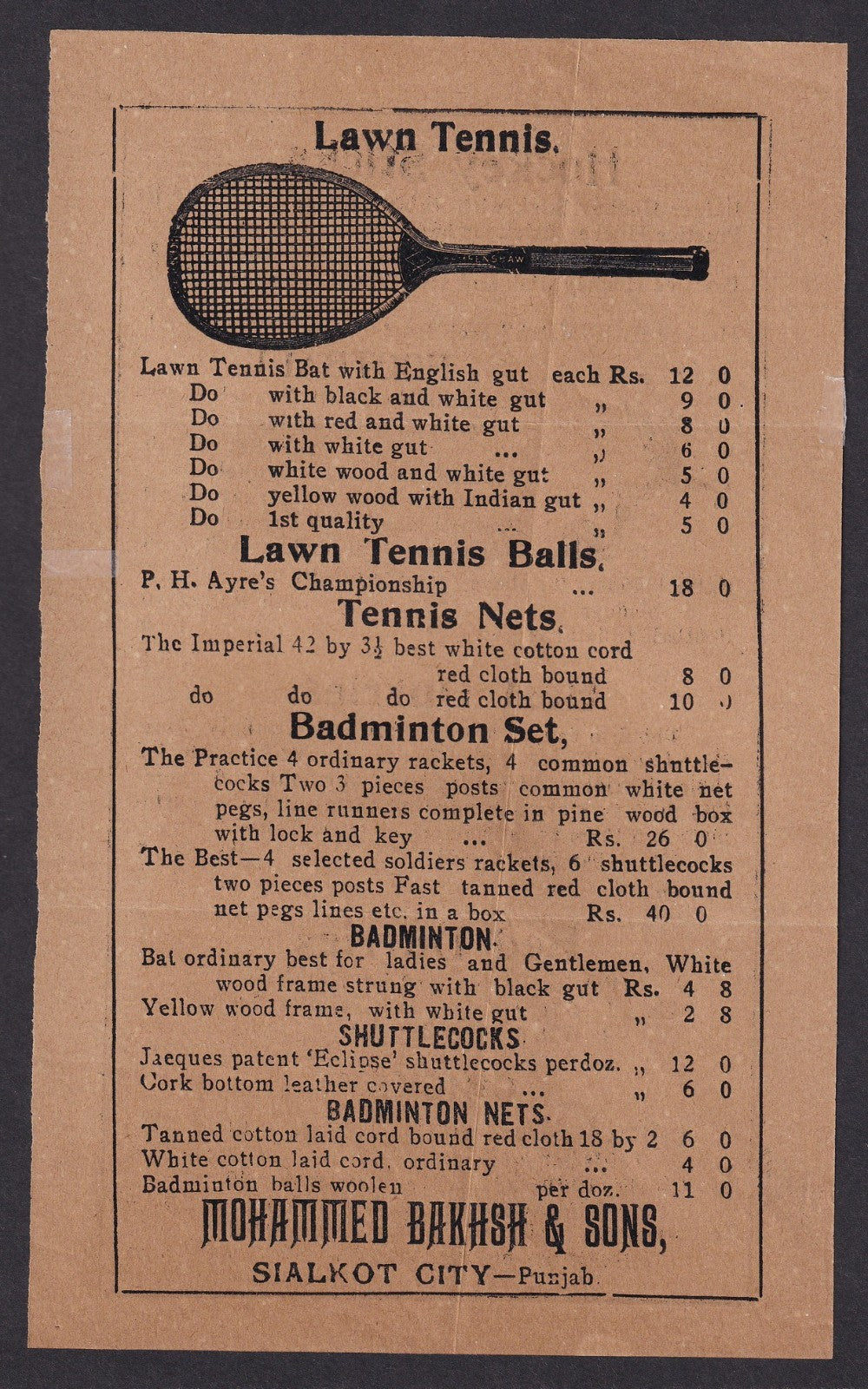 India 1920 illustrated priced list Sports Goods, Sialkot TENNIS HOCKEY FOOTBALL