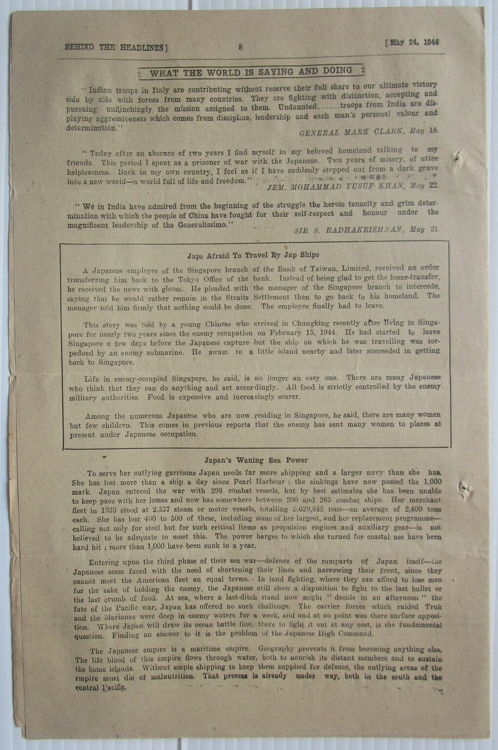 India WW2 Propaganda rag BEHIND THE HEADLINES 1944 ALLIES SMASH GUSTAV LINE 8pgs