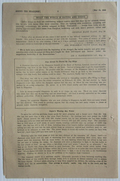India WW2 Propaganda rag BEHIND THE HEADLINES 1944 ALLIES SMASH GUSTAV LINE 8pgs