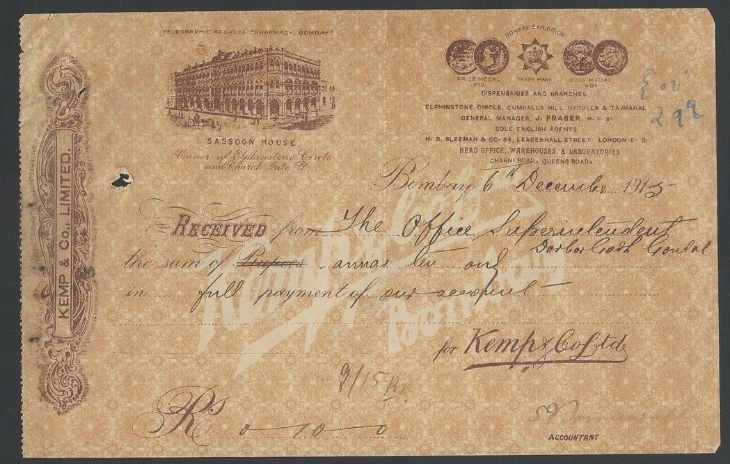 India 1915 Illustrated receipt Kemp & Co Sassoon House Bombay Druggists