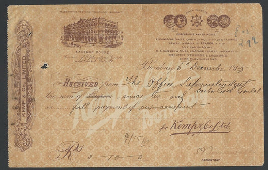 India 1915 Illustrated receipt Kemp & Co Sassoon House Bombay Druggists