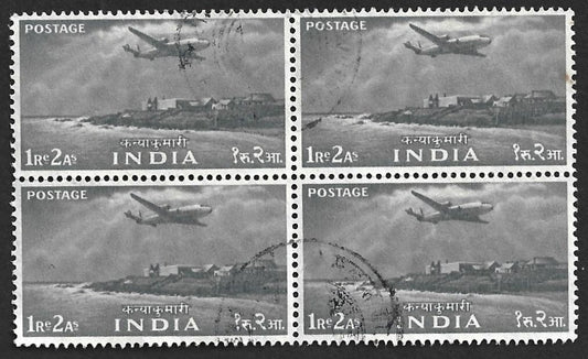 India 1955 5 Year Plan 1R2a Airplane over Kanyakumari used block of 4. SG 367