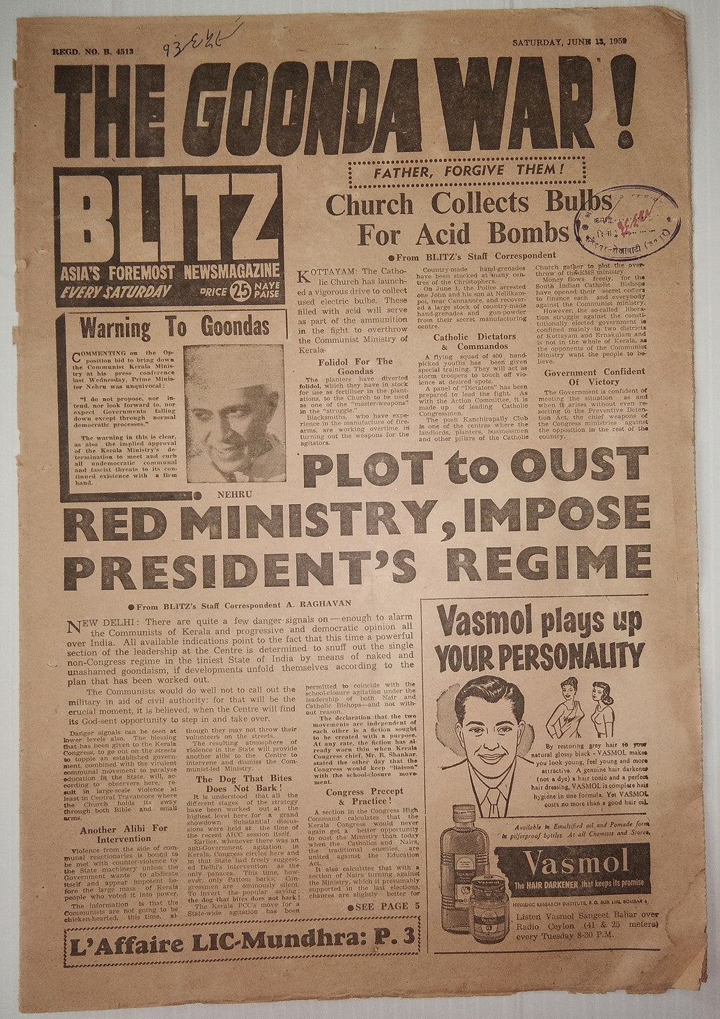 India Blitz Saturday 1958 NEHRU WARNS CRIMINALS