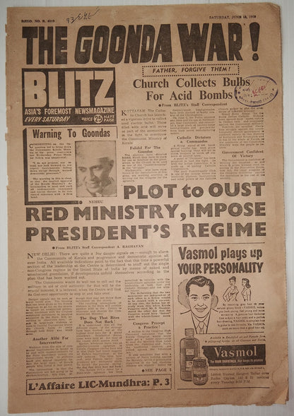 India Blitz Saturday 1958 NEHRU WARNS CRIMINALS