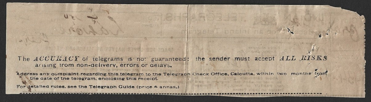 India 1900 Telegraph Telegram receipt with SANS SERIF 2RUPEES on 2R8a