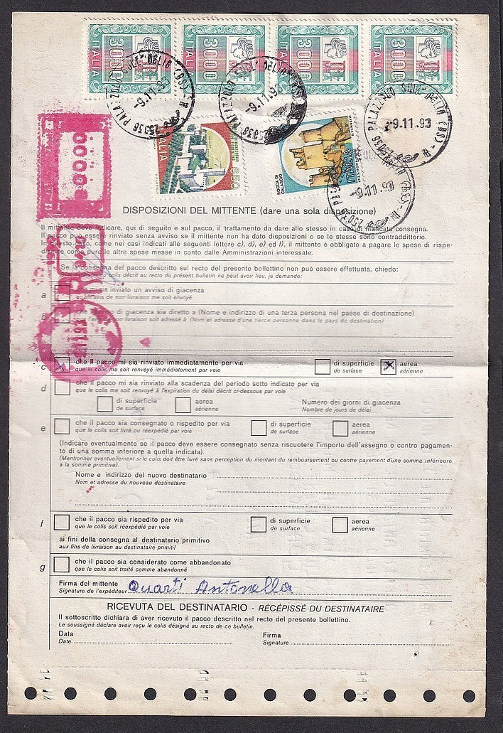 Italy red Citis/TAE/EMS “PT3” meter 00000 Lire on 1993 parcel card to India