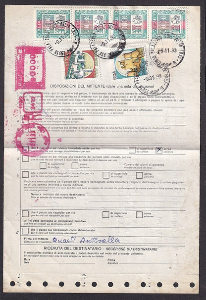 Italy red Citis/TAE/EMS “PT3” meter 00000 Lire on 1993 parcel card to India