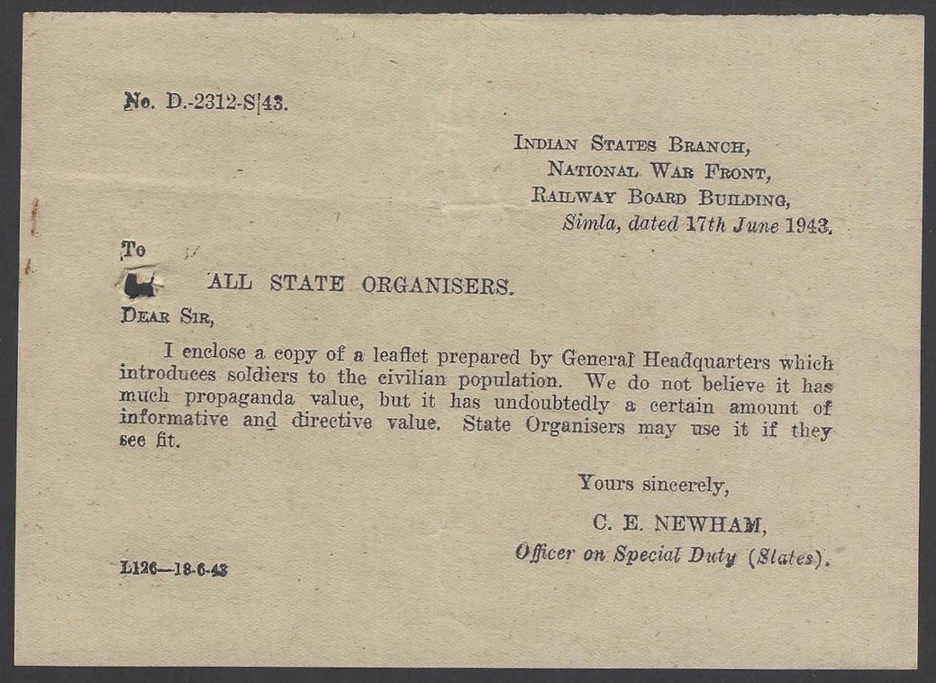 India 1943 WW2 National War Front Propaganda Leaflet To All State Organisers
