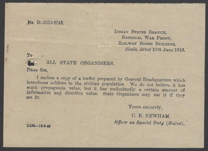 India 1943 WW2 National War Front Propaganda Leaflet To All State Organisers